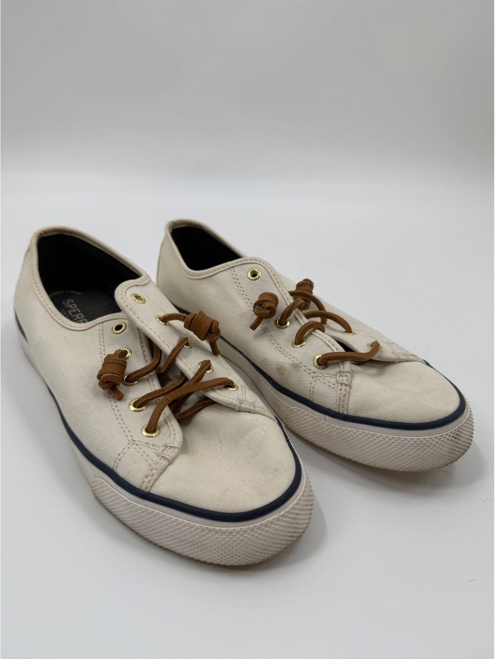 Sperry Cream Canvas Low Top Sneakers Brown Laces Women's Size 9